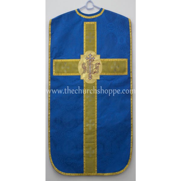 BLUE ROMAN FIDDLEBACK CHASUBLE AND MASS SET WITH IHS EMBROIDERY