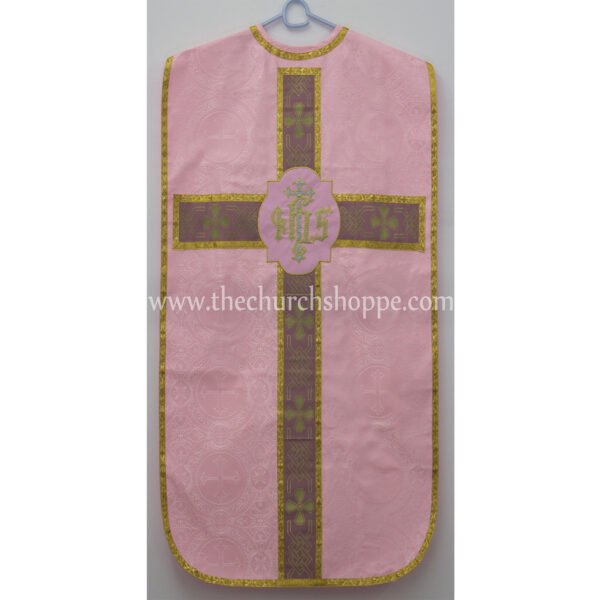 LIGHT ROSE ROMAN FIDDLEBACK CHASUBLE AND MASS SET WITH IHS EMBROIDERY