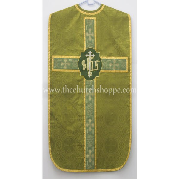 OLIVE GREEN ROMAN FIDDLEBACK CHASUBLE AND MASS SET WITH IHS EMBROIDERY