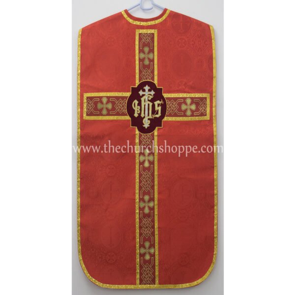 RED ROMAN FIDDLEBACK CHASUBLE AND MASS SET WITH IHS EMBROIDERY