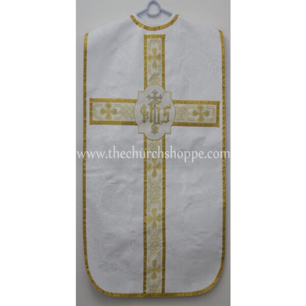 WHITE ROMAN FIDDLEBACK CHASUBLE AND MASS SET WITH IHS EMBROIDERY