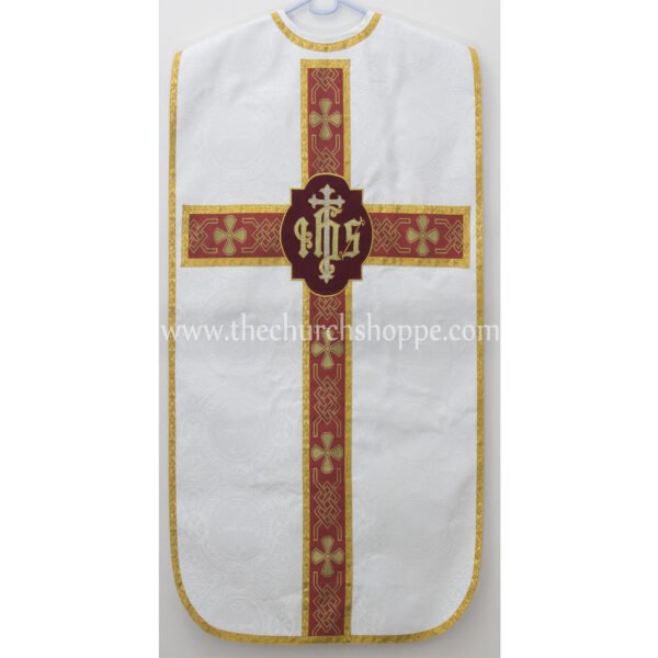 WHITE ROMAN FIDDLEBACK CHASUBLE AND MASS SET WITH IHS EMBROIDERY