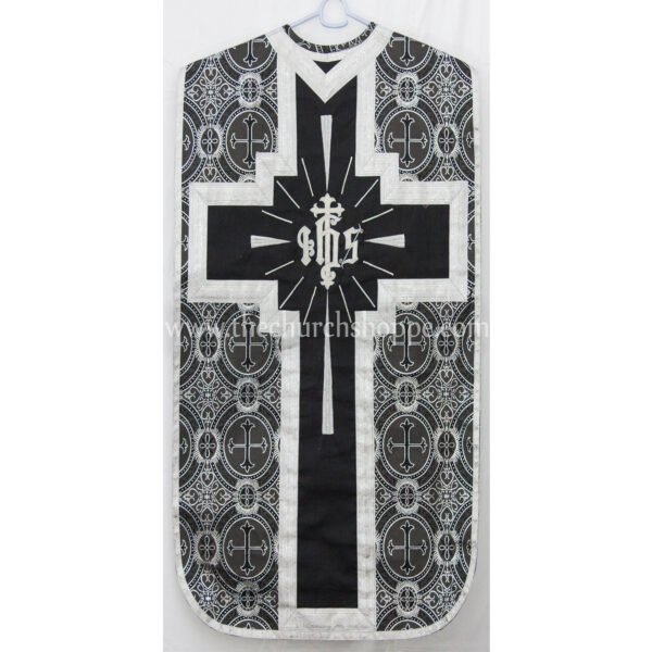 METALLIC BLACK WITH SILVER ROMAN FIDDLEBACK CHASUBLE AND MASS SET WITH IHS EMBROIDERY