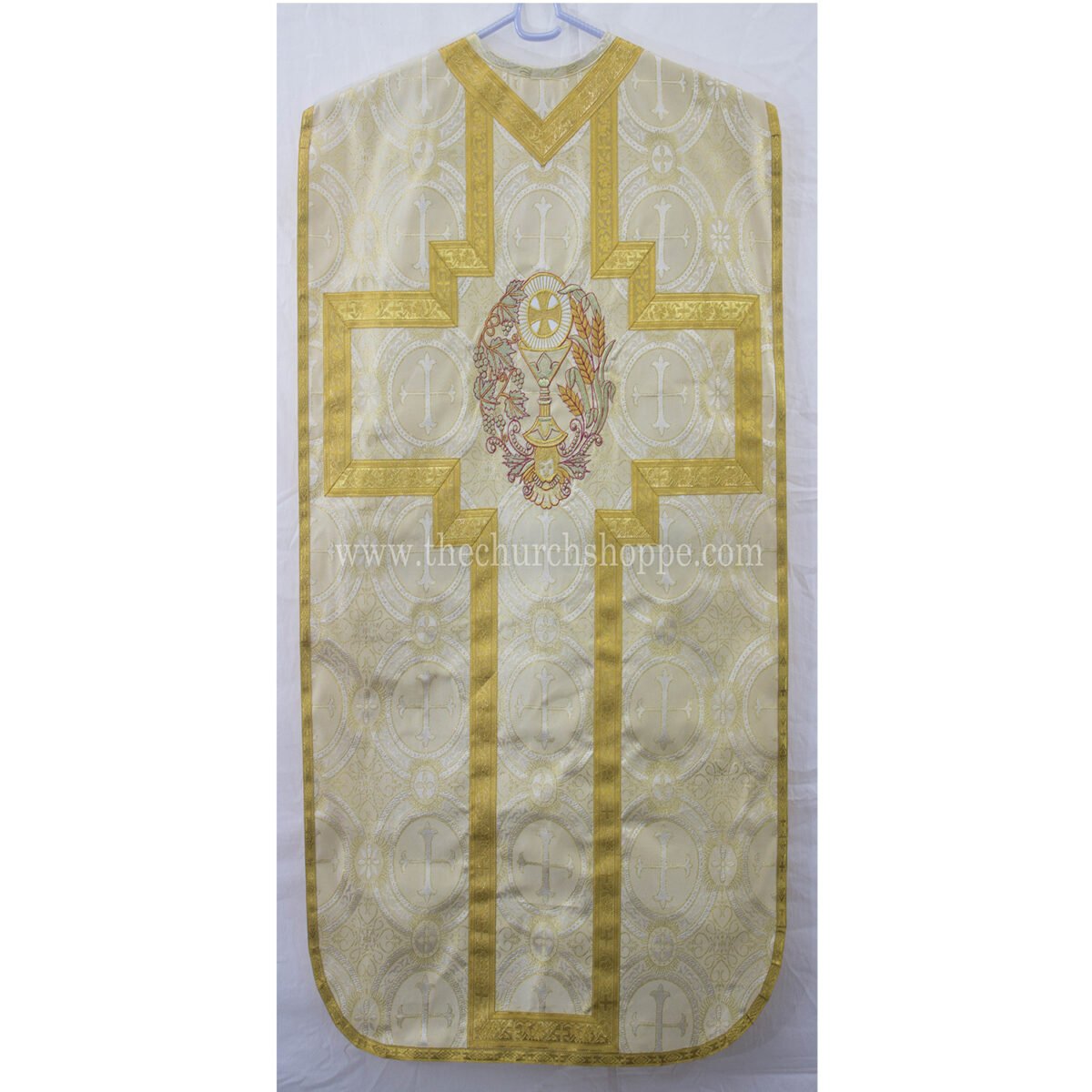 METALLIC GOLD ROMAN FIDDLEBACK CHASUBLE AND MASS SET WITH EUCHARIST EMBROIDERY - Image 1