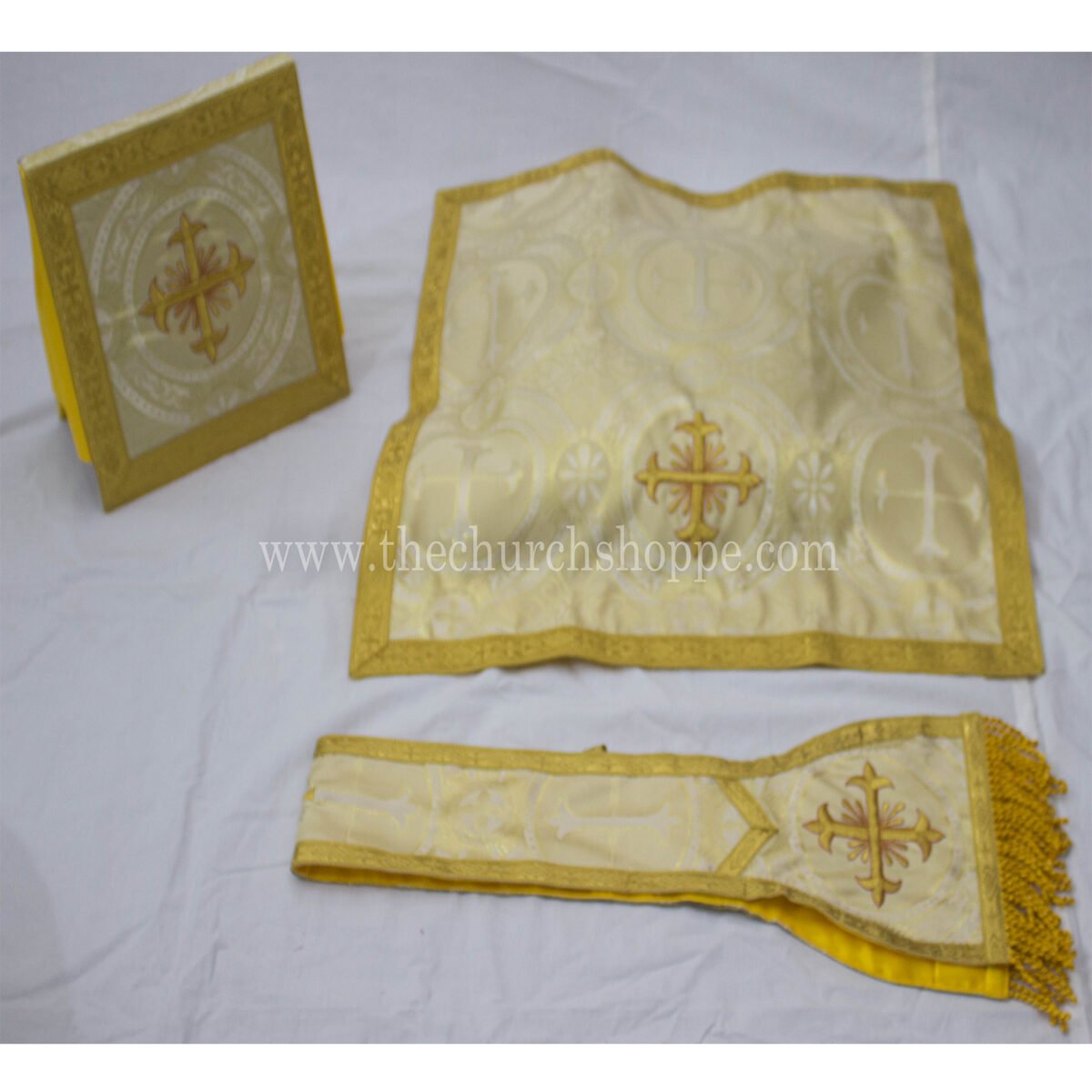 METALLIC GOLD ROMAN FIDDLEBACK CHASUBLE AND MASS SET WITH EUCHARIST EMBROIDERY - Image 4
