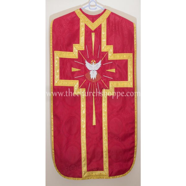 RED ROMAN FIDDLEBACK CHASUBLE AND MASS SET WITH HOLY SPIRIT EMBROIDERY
