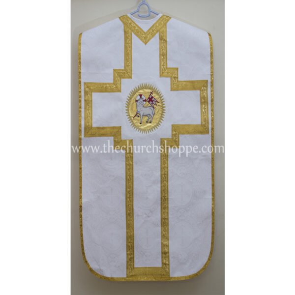 WHITE ROMAN FIDDLEBACK CHASUBLE AND MASS SET WITH AGNUS DEI EMBROIDERY