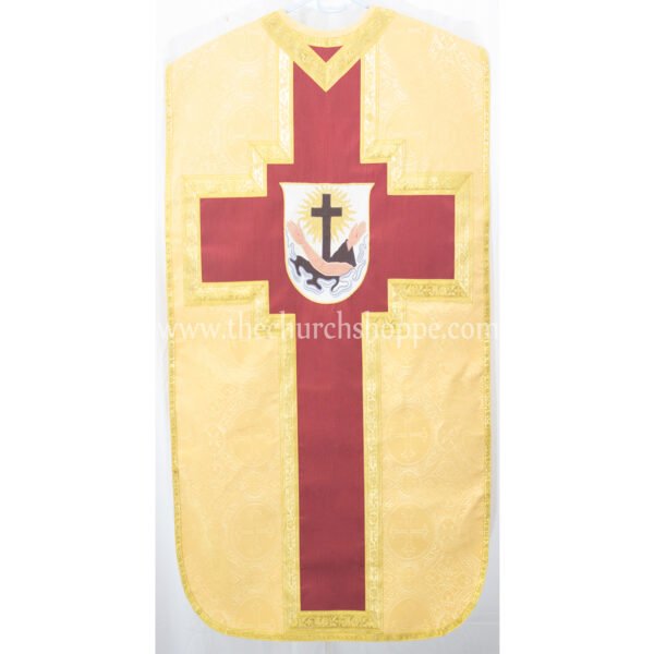 YELLOW ROMAN FIDDLEBACK CHASUBLE AND MASS SET WITH FRANCISCAN COAT OF ARMS EMBROIDERY