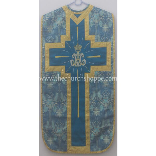 METALLIC MARIAN BLUE ROMAN FIDDLEBACK CHASUBLE AND MASS SET WITH AM EMBROIDERY