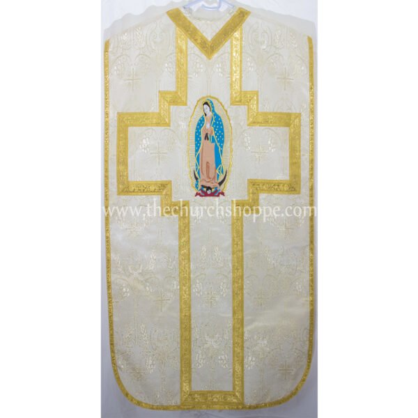 METALLIC GOLD ROMAN FIDDLEBACK CHASUBLE AND MASS SET WITH OUR LADY OF GUADALUPE EMBROIDERY
