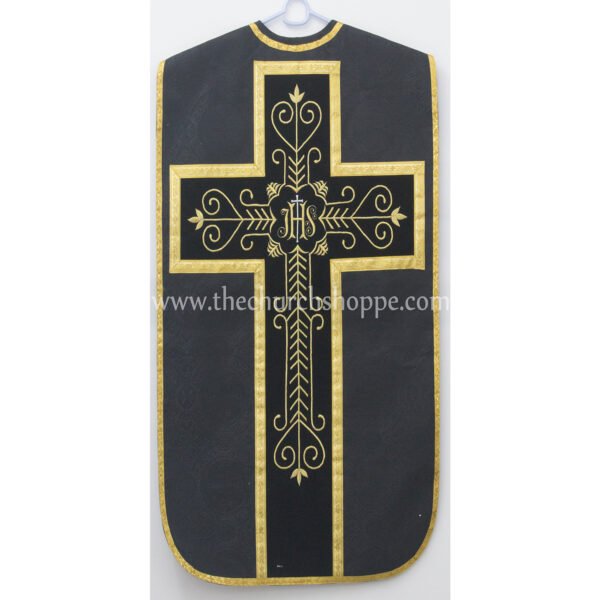 BLACK ROMAN FIDDLEBACK CHASUBLE AND MASS SET WITH IHS EMBROIDERY