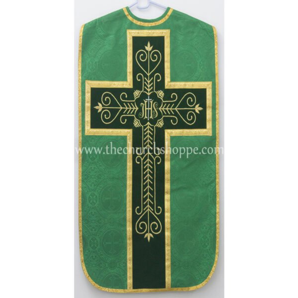 GREEN ROMAN FIDDLEBACK CHASUBLE AND MASS SET WITH IHS EMBROIDERY