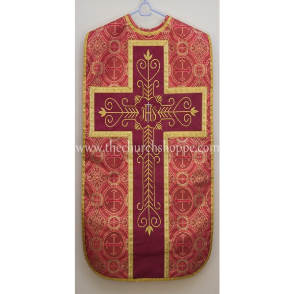 METALLIC RED ROMAN FIDDLEBACK CHASUBLE AND MASS SET WITH IHS EMBROIDERY
