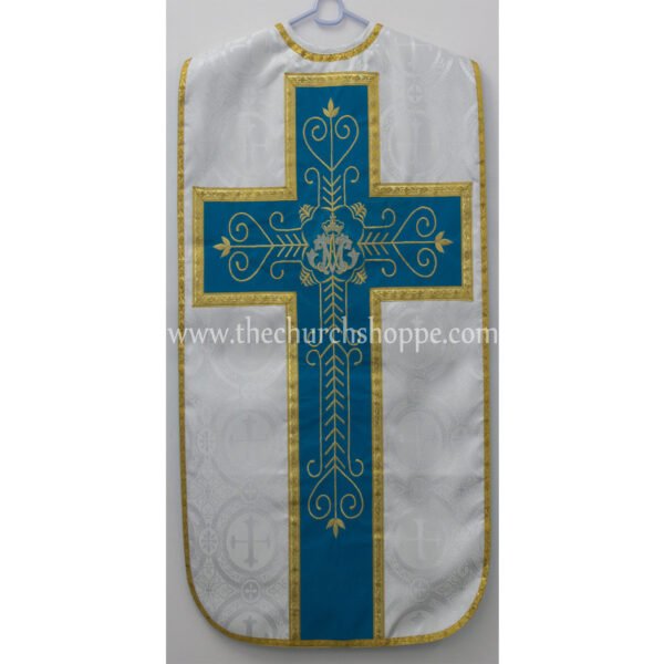 METALLIC SILVER ROMAN FIDDLEBACK CHASUBLE AND MASS SET WITH AM EMBROIDERY