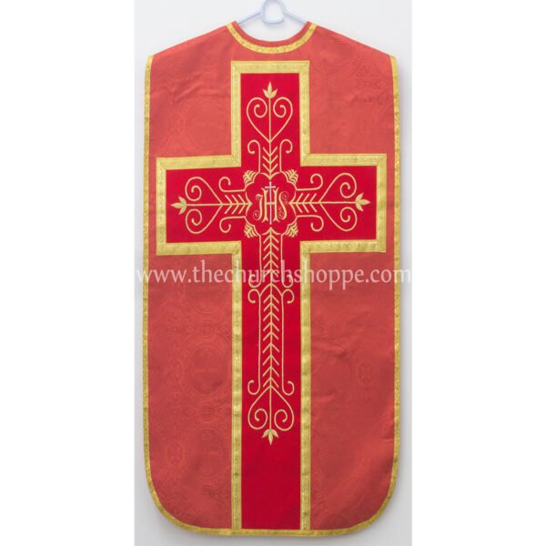 RED ROMAN FIDDLEBACK CHASUBLE AND MASS SET WITH IHS EMBROIDERY