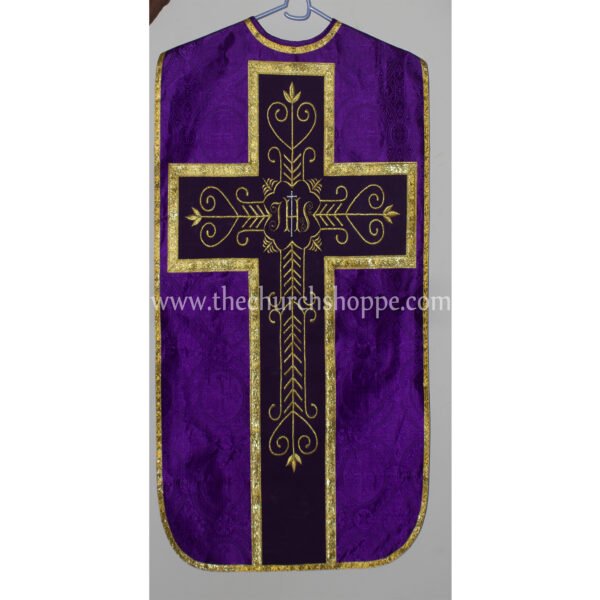 PURPLE ROMAN FIDDLEBACK CHASUBLE AND MASS SET WITH IHS EMBROIDERY