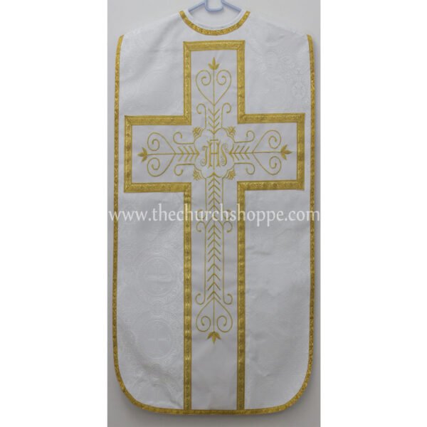 WHITE ROMAN FIDDLEBACK CHASUBLE AND MASS SET WITH IHS EMBROIDERY