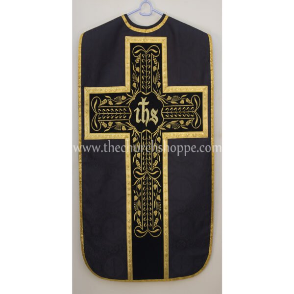 BLACK ROMAN FIDDLEBACK CHASUBLE AND MASS SET WITH IHS EMBROIDERY