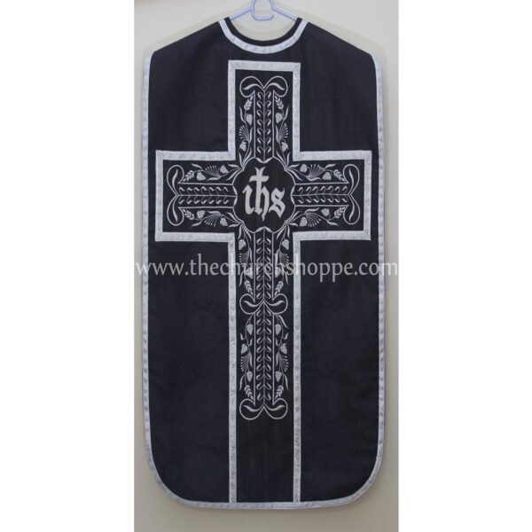 BLACK ROMAN FIDDLEBACK CHASUBLE AND MASS SET WITH IHS EMBROIDERY
