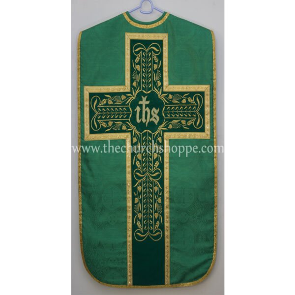 GREEN ROMAN FIDDLEBACK CHASUBLE AND MASS SET WITH IHS EMBROIDERY