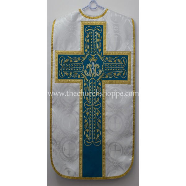 METALLIC SILVER ROMAN FIDDLEBACK CHASUBLE AND MASS SET WITH AM EMBROIDERY