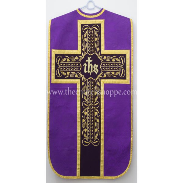 PURPLE ROMAN FIDDLEBACK CHASUBLE AND MASS SET WITH IHS EMBROIDERY