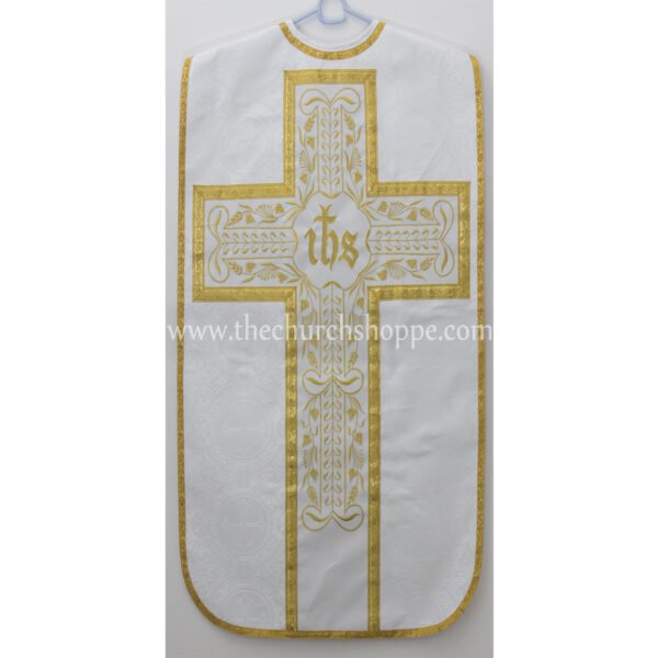 WHITE ROMAN FIDDLEBACK CHASUBLE AND MASS SET WITH IHS EMBROIDERY