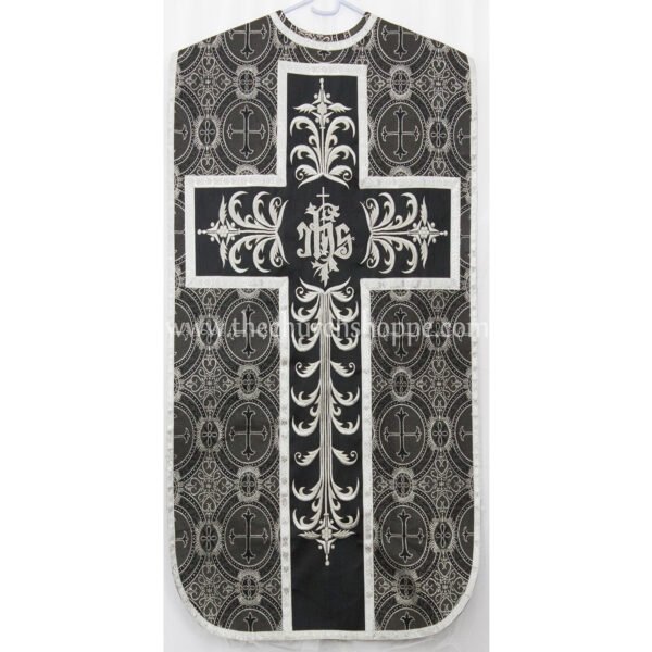 METALLIC BLACK WITH SILVER ROMAN FIDDLEBACK CHASUBLE AND MASS SET WITH IHS EMBROIDERY