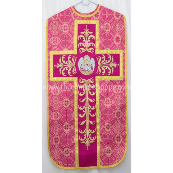METALLIC DARK ROSE  ROMAN FIDDLEBACK CHASUBLE AND MASS SET WITH PELICAN EMBROIDERY