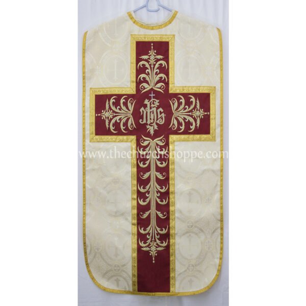 METALLIC GOLD ROMAN FIDDLEBACK CHASUBLE AND MASS SET WITH IHS EMBROIDERY