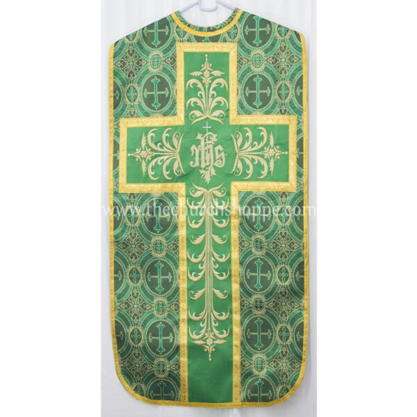 METALLIC GREEN ROMAN FIDDLEBACK CHASUBLE AND MASS SET WITH IHS EMBROIDERY