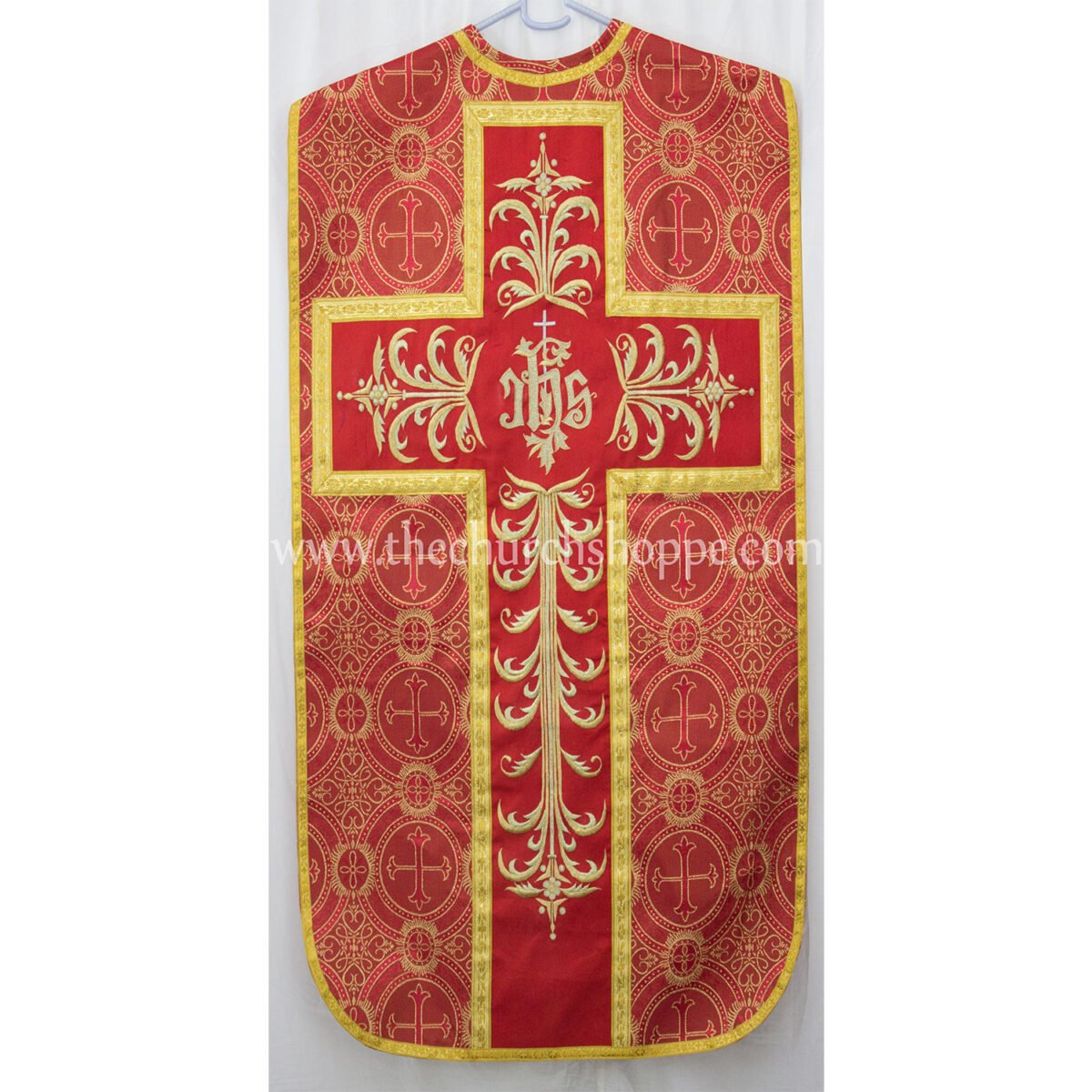 METALLIC RED ROMAN FIDDLEBACK CHASUBLE AND MASS SET WITH IHS EMBROIDERY - Image 1