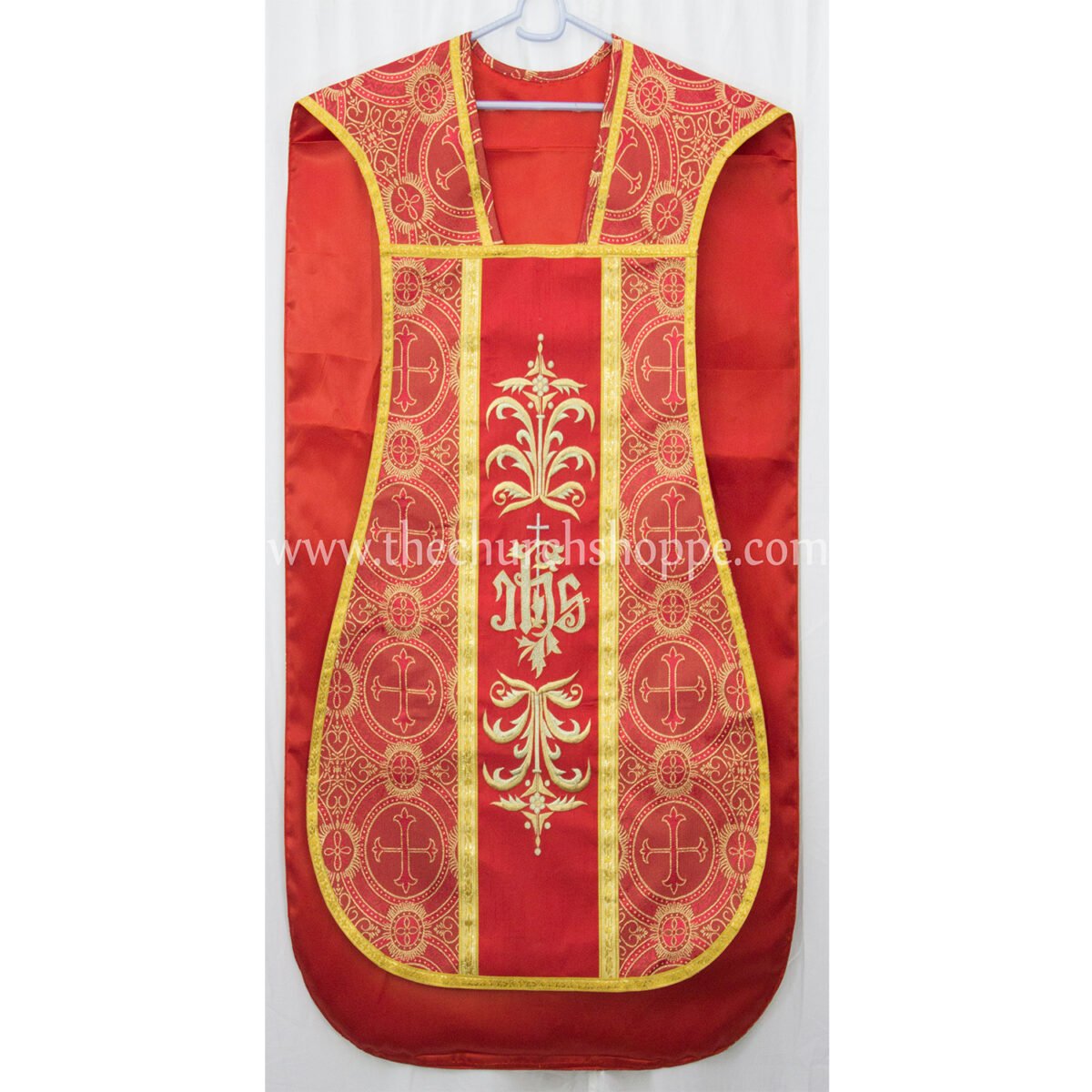METALLIC RED ROMAN FIDDLEBACK CHASUBLE AND MASS SET WITH IHS EMBROIDERY - Image 2