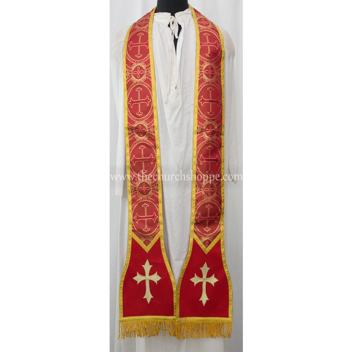 METALLIC RED ROMAN FIDDLEBACK CHASUBLE AND MASS SET WITH IHS EMBROIDERY - Image 3