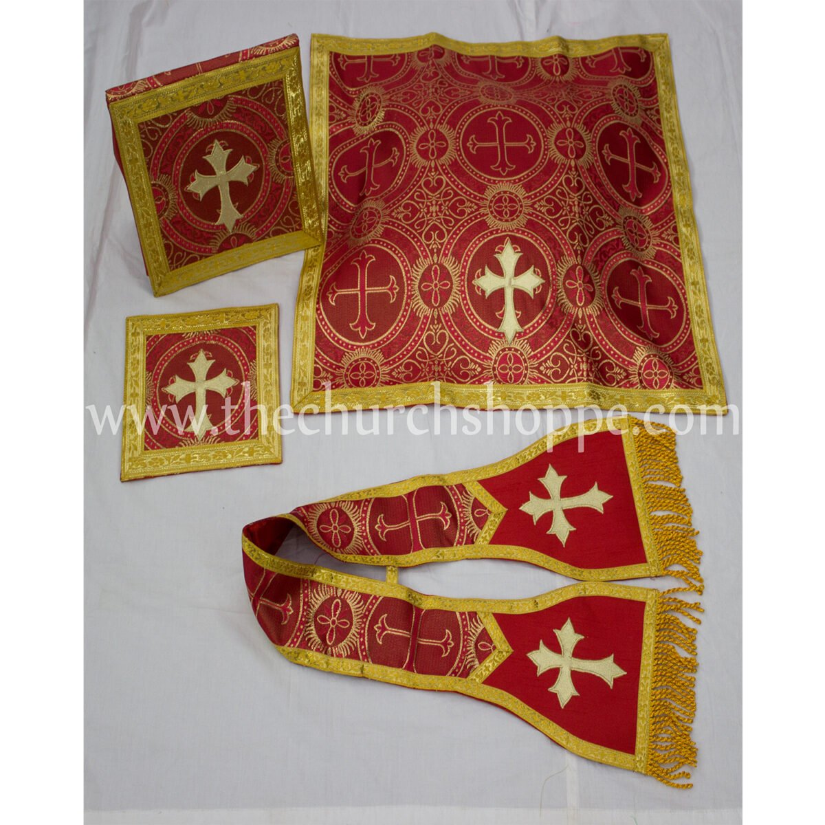 METALLIC RED ROMAN FIDDLEBACK CHASUBLE AND MASS SET WITH IHS EMBROIDERY - Image 4