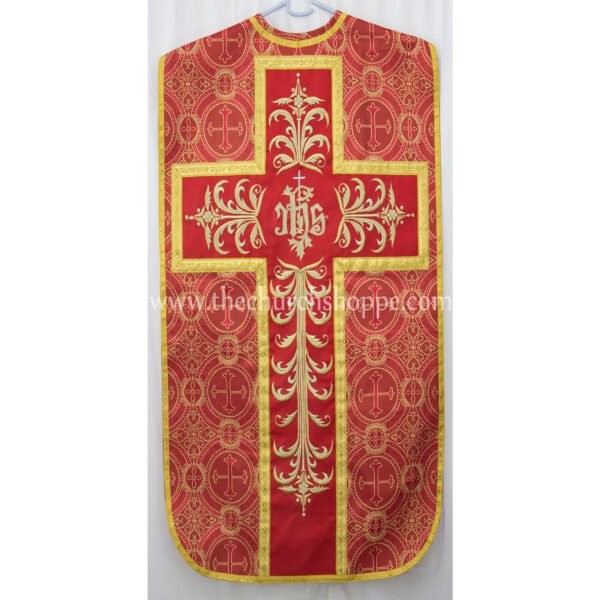 METALLIC RED ROMAN FIDDLEBACK CHASUBLE AND MASS SET WITH IHS EMBROIDERY