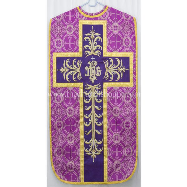 METALLIC PURPLE ROMAN FIDDLEBACK CHASUBLE AND MASS SET WITH IHS EMBROIDERY