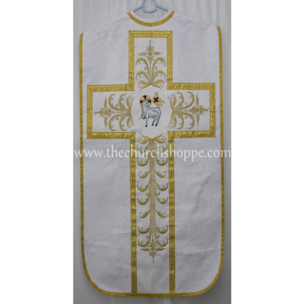 WHITE ROMAN FIDDLEBACK CHASUBLE AND MASS SET WITH AGNUS DEI EMBROIDERY