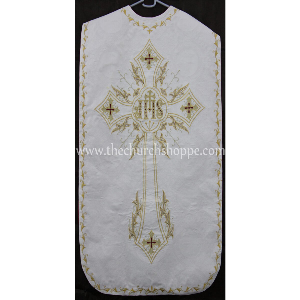 RED AND WHITE REVERSIBLE TRAVEL ROMAN FIDDLEBACK VESTMENT AND MASS SET WITH IHS EMBROIDERY - Image 2