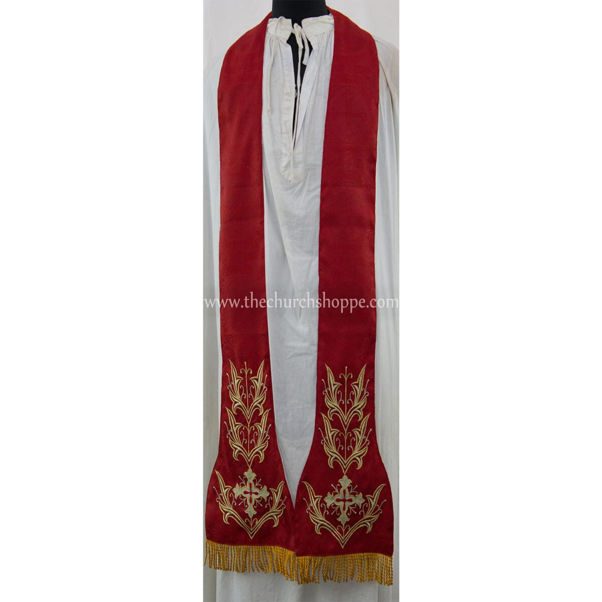 RED AND WHITE REVERSIBLE TRAVEL ROMAN FIDDLEBACK VESTMENT AND MASS SET WITH IHS EMBROIDERY - Image 6