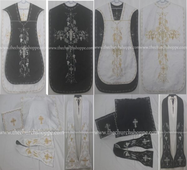 BLACK AND WHITE REVERSIBLE TRAVEL ROMAN FIDDLEBACK VESTMENT AND MASS SET WITH IHS EMBROIDERY