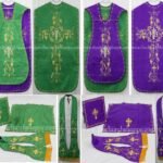 PURPLE AND GREEN REVERSIBLE TRAVEL ROMAN FIDDLEBACK VESTMENT AND MASS SET WITH IHS EMBROIDERY