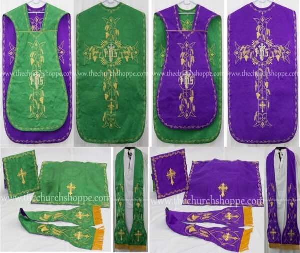 PURPLE AND GREEN REVERSIBLE TRAVEL ROMAN FIDDLEBACK VESTMENT AND MASS SET WITH IHS EMBROIDERY
