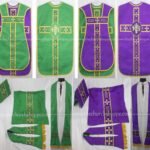 PURPLE AND GREEN REVERSIBLE TRAVEL ROMAN FIDDLEBACK VESTMENT AND MASS SET WITH IHS EMBROIDERY
