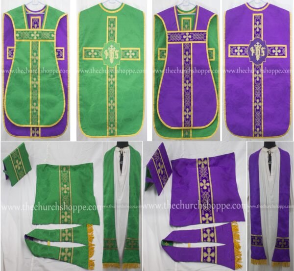 PURPLE AND GREEN REVERSIBLE TRAVEL ROMAN FIDDLEBACK VESTMENT AND MASS SET WITH IHS EMBROIDERY