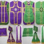 PURPLE AND GREEN REVERSIBLE TRAVEL ROMAN FIDDLEBACK VESTMENT AND MASS SET WITH IHS AND PELICAN EMBROIDERY