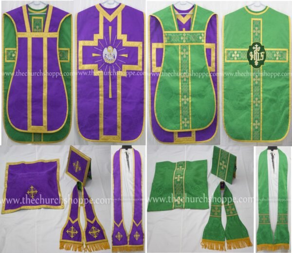 PURPLE AND GREEN REVERSIBLE TRAVEL ROMAN FIDDLEBACK VESTMENT AND MASS SET WITH IHS AND PELICAN EMBROIDERY