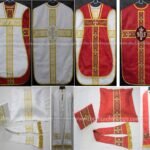 RED AND WHITE REVERSIBLE TRAVEL ROMAN FIDDLEBACK VESTMENT AND MASS SET WITH IHS EMBROIDERY