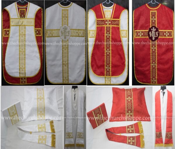RED AND WHITE REVERSIBLE TRAVEL ROMAN FIDDLEBACK VESTMENT AND MASS SET WITH IHS EMBROIDERY