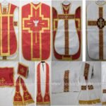 WHITE AND RED REVERSIBLE TRAVEL ROMAN FIDDLEBACK VESTMENT AND MASS SET WITH IHS AND HOLY SPIRIT EMBROIDERY